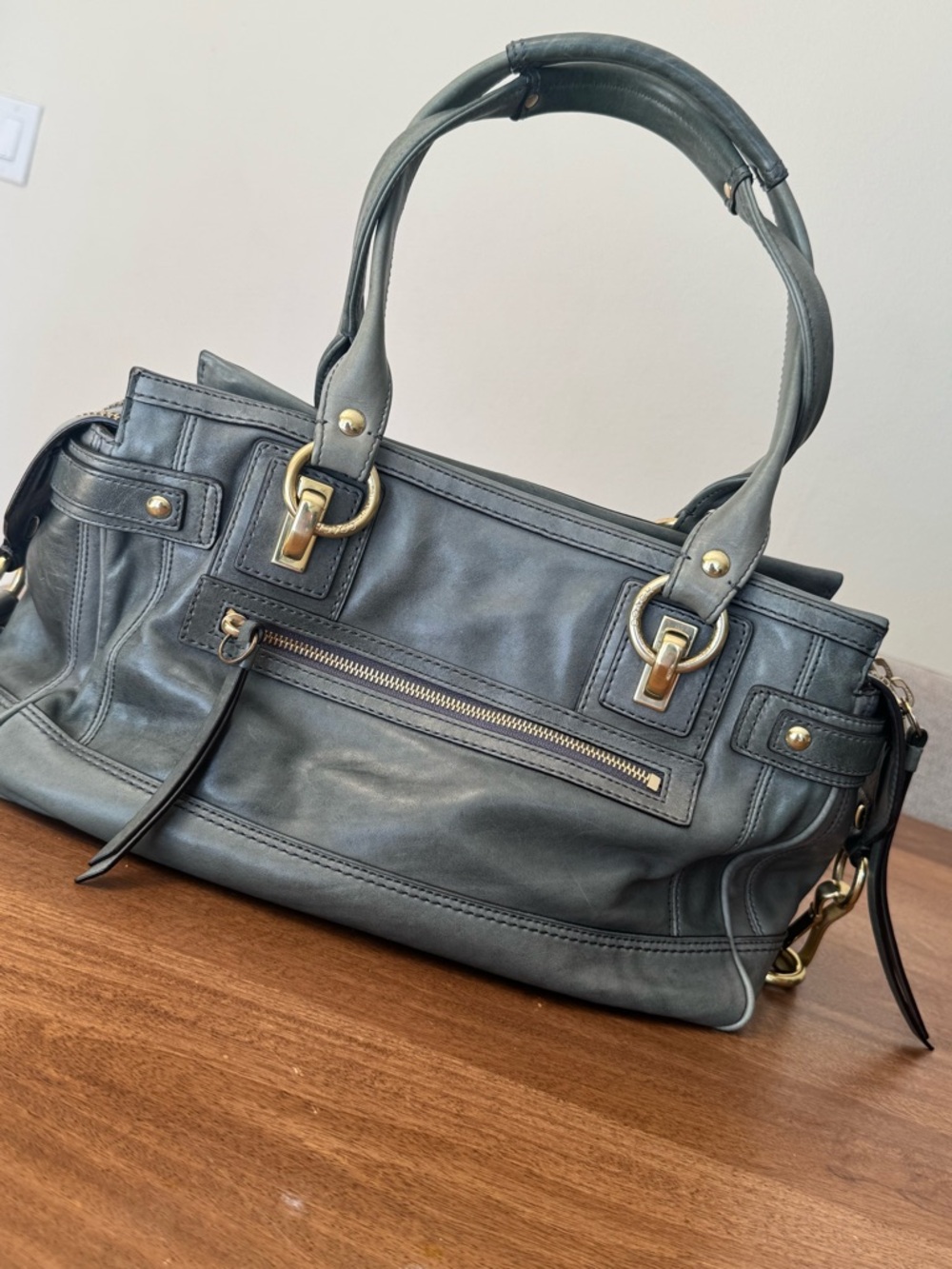 Vintage Coach Hampton Lindsay Satchel Olive Gray Leather Turnlock - Picture 3 of 10